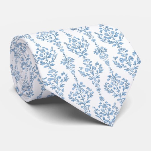 White blue floral pattern neck tie stropdas (Opgerold)