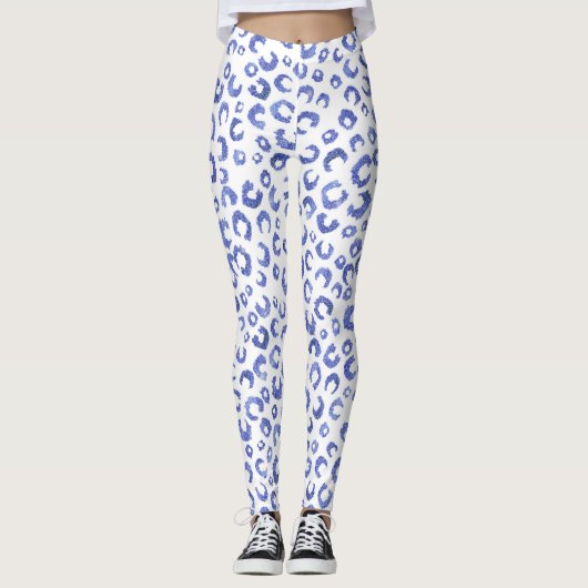 White Blue Glitter Leopard Animal Print Leggings (Voorkant)
