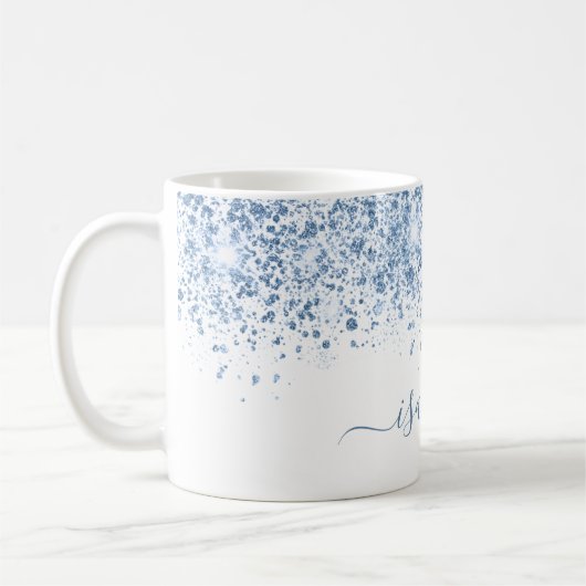 White blue glitter name script koffiemok (Links)