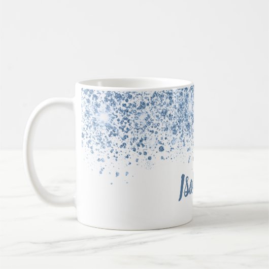 White blue glitter name script koffiemok (Links)