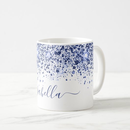 White blue glitter name script koffiemok (Voorkant rechts)