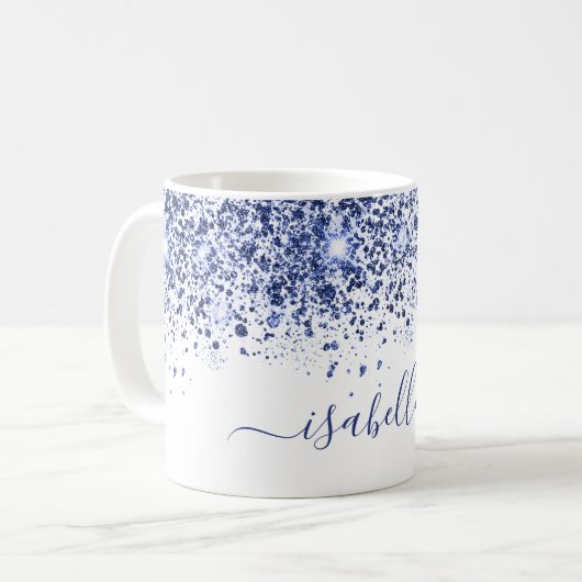 White blue glitter name script koffiemok (Voorkant links)