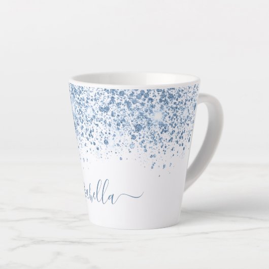 White blue glitter name script latte mok (Rechterhoek)
