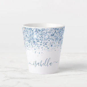 White blue glitter name script latte mok