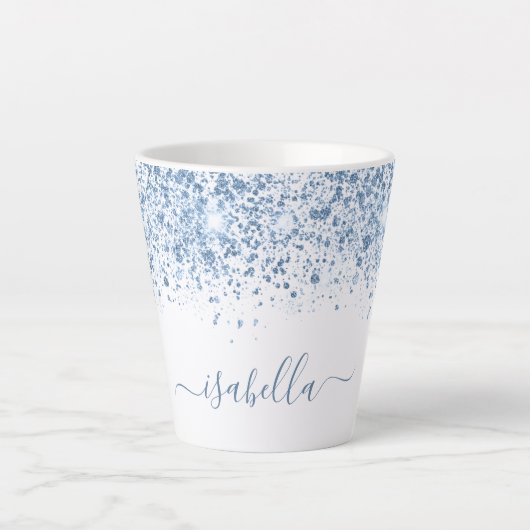 White blue glitter name script latte mok (Voorkant)