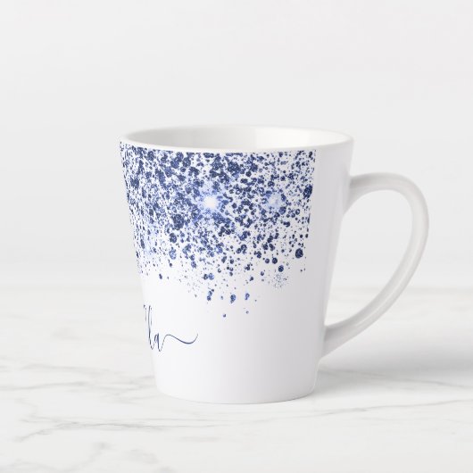 White blue glitter-stofnaamscript latte mok (Rechts)