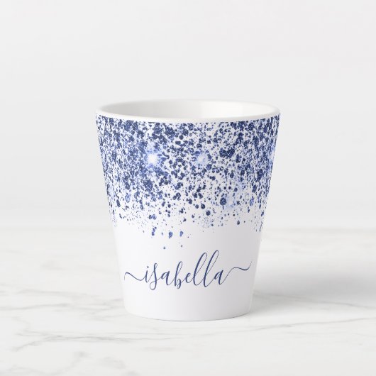 White blue glitter-stofnaamscript latte mok (Voorkant)