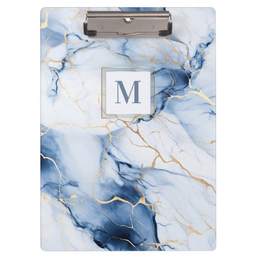 White Blue Gold Marble Monogram Initial Clipboard Klembord (Voorkant)