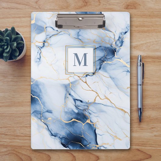 White Blue Gold Marble Monogram Initial Clipboard Klembord