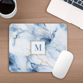 White Blue Gold Marble Monogram Initial Mousepad Muismat
