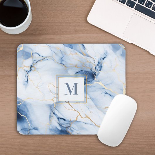White Blue Gold Marble Monogram Initial Mousepad Muismat