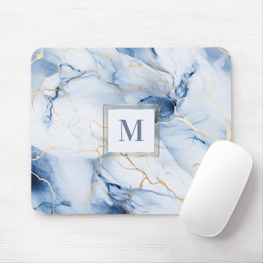 White Blue Gold Marble Monogram Initial Mousepad Muismat (Met muis)
