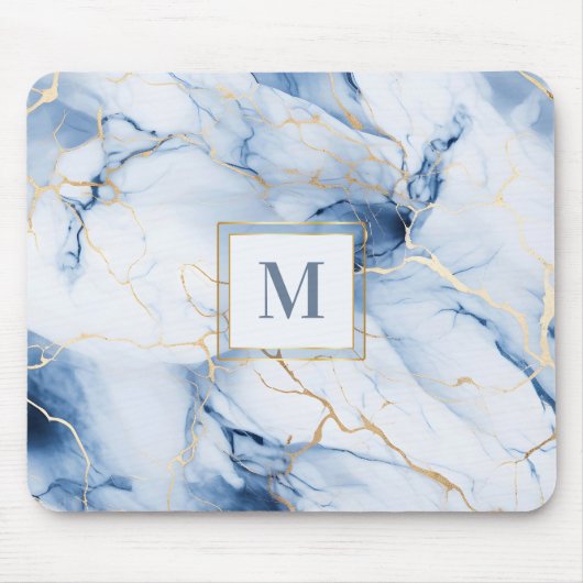 White Blue Gold Marble Monogram Initial Mousepad Muismat (Voorkant)