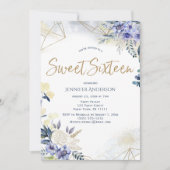 White Blue Gold Waterverf Floral Sweet 16 Kaart (Voorkant)