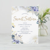 White Blue Gold Waterverf Floral Sweet 16 Kaart (Staand voorkant)