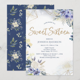 White Blue Gold Waterverf Floral Sweet 16 Kaart