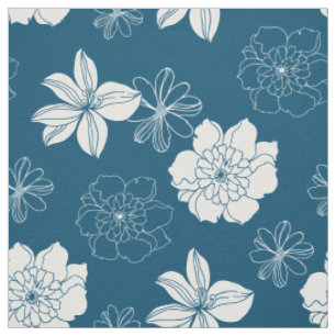 White & Blue Graphic Floral Pattern Stof
