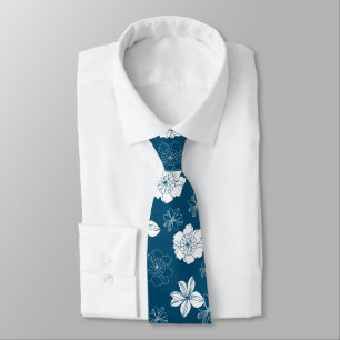 White & Blue Graphic Floral Pattern Stropdas
