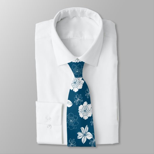 White & Blue Graphic Floral Pattern Stropdas (Gebonden)