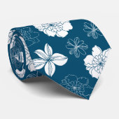 White & Blue Graphic Floral Pattern Stropdas (Opgerold)
