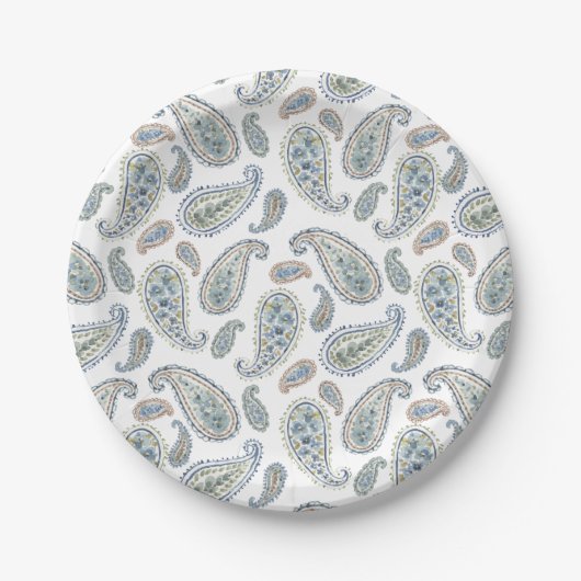 White Blue Green Paisley Waterverf Pattern Papieren Bordje (Voorkant)