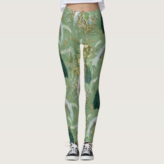 White & Blue-green Royal-Peacocks Fantasy Leggings (Voorkant)