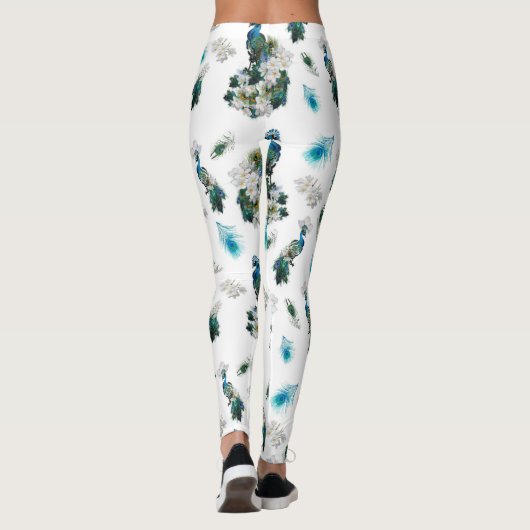 White & Blue-green Royal-Peacocks Fantasy Leggings (Achterkant)
