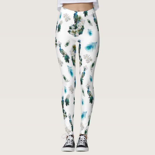 White & Blue-green Royal-Peacocks Fantasy Leggings (Voorkant)