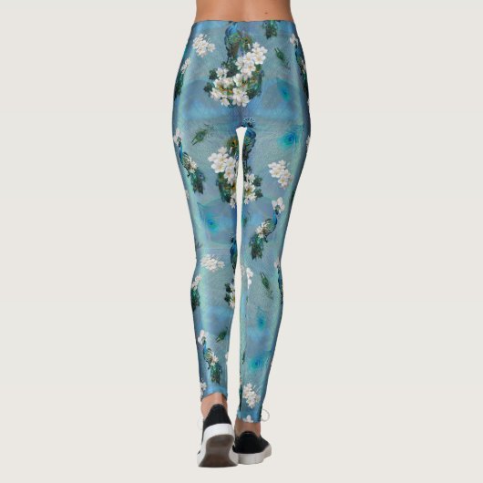 White & Blue-green Royal-Peacocks Fantasy Leggings (Achterkant)