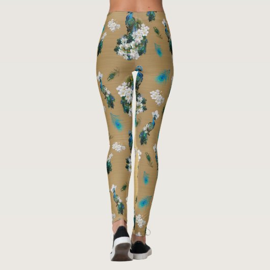 White & Blue-green Royal-Peacocks op Gold Leggings (Achterkant)