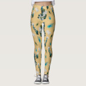 White & Blue-green Royal-Peacocks op Gold Leggings (Voorkant)