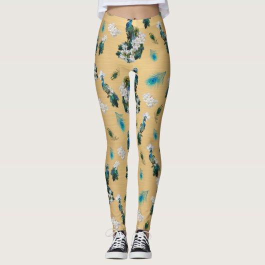White & Blue-green Royal-Peacocks op Gold Leggings (Voorkant)