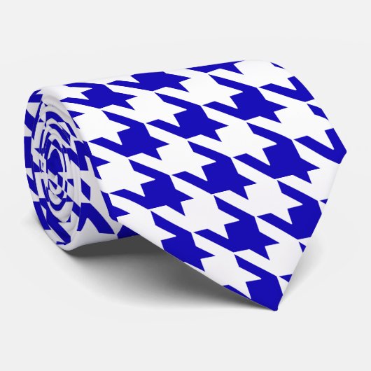 White Blue Large Houndstooth Check Stropdas (Opgerold)