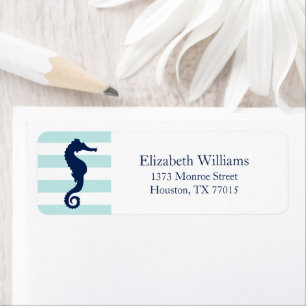 White Blue Mint Stripes Seahorse Etiket