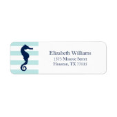 White Blue Mint Stripes Seahorse Etiket (Voorkant)