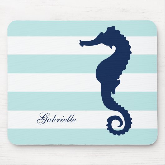 White Blue Mint Stripes Seahorse Muismat (Voorkant)