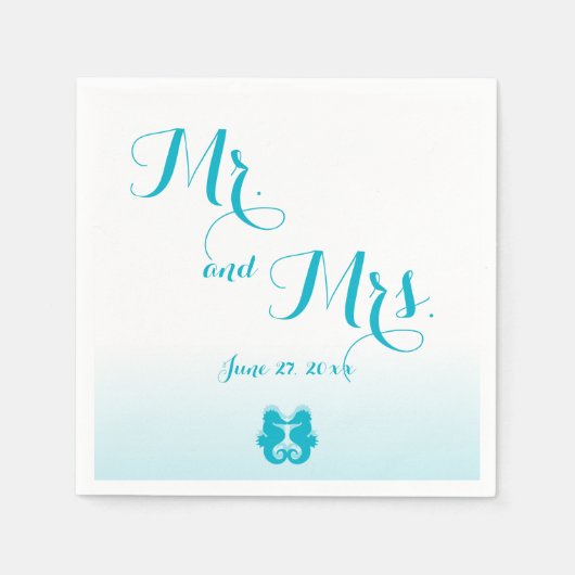 White Blue Mr en Mrs Seahorse Wedding Napkins Servet (Voorkant)