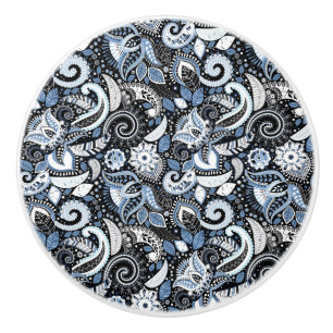 White & Blue Paisley Boho Print Patroon Keramische Knop