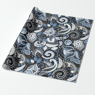 White & Blue Paisley Print Elegant Birthday Party Cadeaupapier