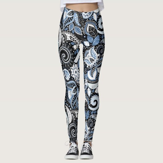 White & Blue Paisley Print Patroon Leggings (Voorkant)