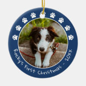 White Blue Paw print Pet's eerste kerstfoto Keramisch Ornament (Voorkant)