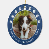 White Blue Paw print Pet's eerste kerstfoto Keramisch Ornament (Links)