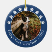White Blue Paw print Pet's eerste kerstfoto Keramisch Ornament (Achterkant)