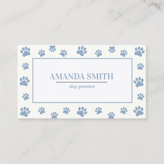 White & Blue Paw Prints Dog Groomer Business Card Visitekaartje (Voorkant)