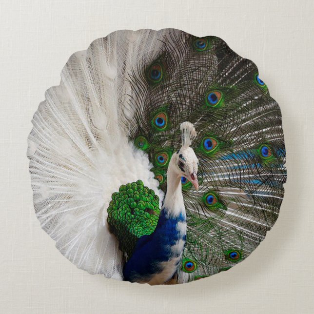 White Blue Peacock Rond Kussen (Voorkant)