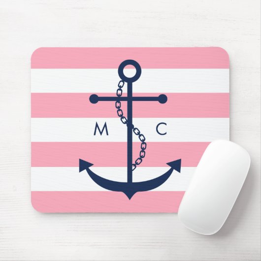 White Blue Pink Monogram Stripes Anchor Muismat (Met muis)