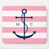 White Blue Pink Monogram Stripes Anchor Muismat (Voorkant)