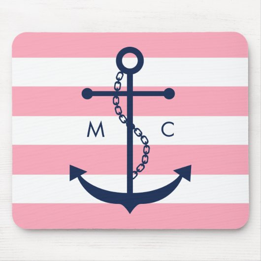 White Blue Pink Monogram Stripes Anchor Muismat (Voorkant)