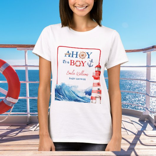 White Blue Red Nautical Ahoy Boy Lighthouse T-shirt