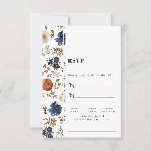 White Blue Rust French Country Floral Wedding RSVP Kaartje (Voorkant)